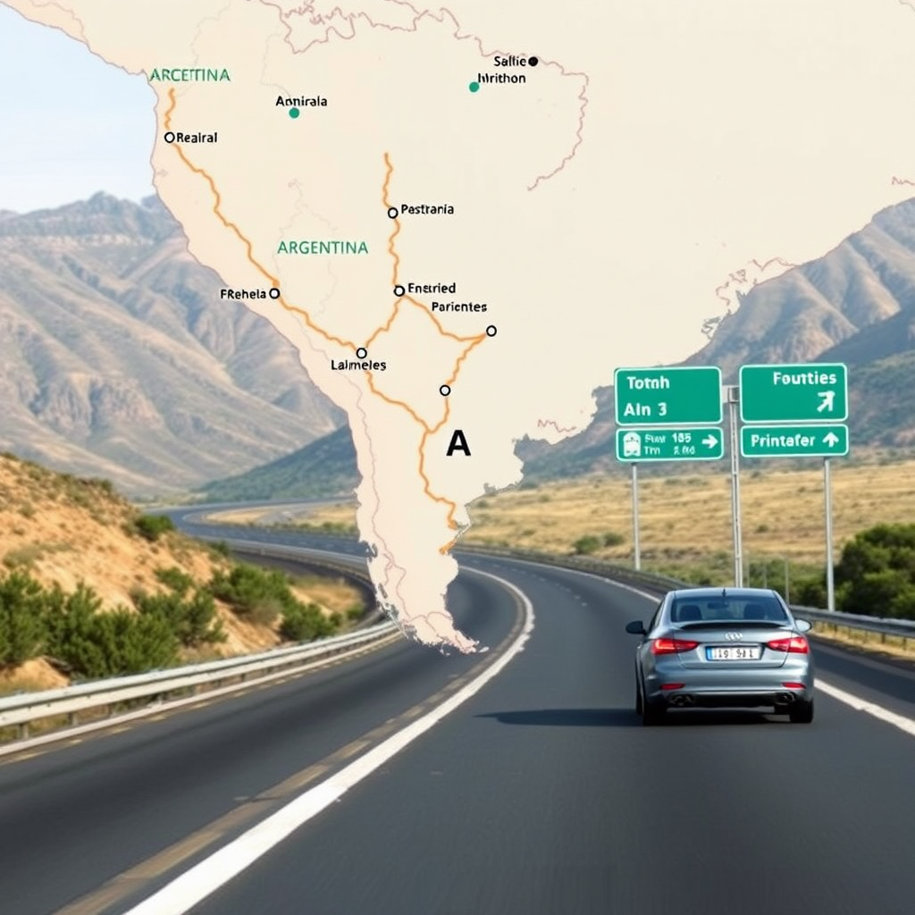 Mapa de Argentina con rutas marcadas, automóvil en carretera y estaciones de servicio señalizadas para viajes de larga distancia