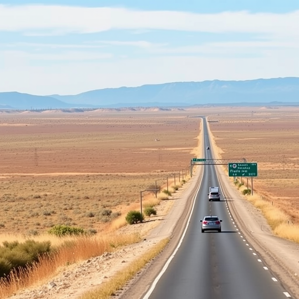 Vista panorámica de una ruta argentina con paisaje de la pampa, señalización vial y un automóvil viajando por la carretera bajo un cielo despejado