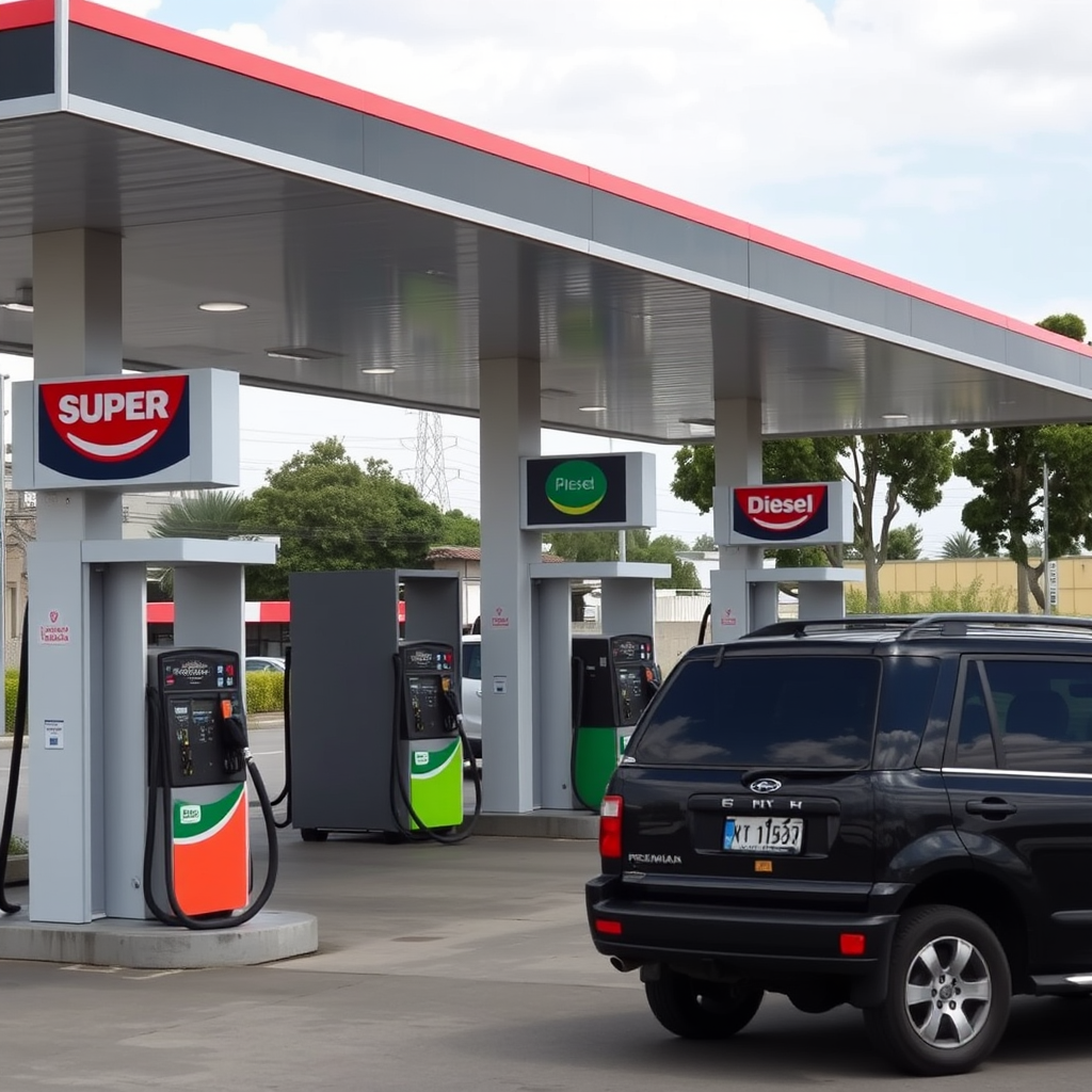 Estación de servicio moderna en Argentina mostrando diferentes surtidores de combustible con carteles de Super, Premium y Diesel, con vehículos argentinos típicos repostando