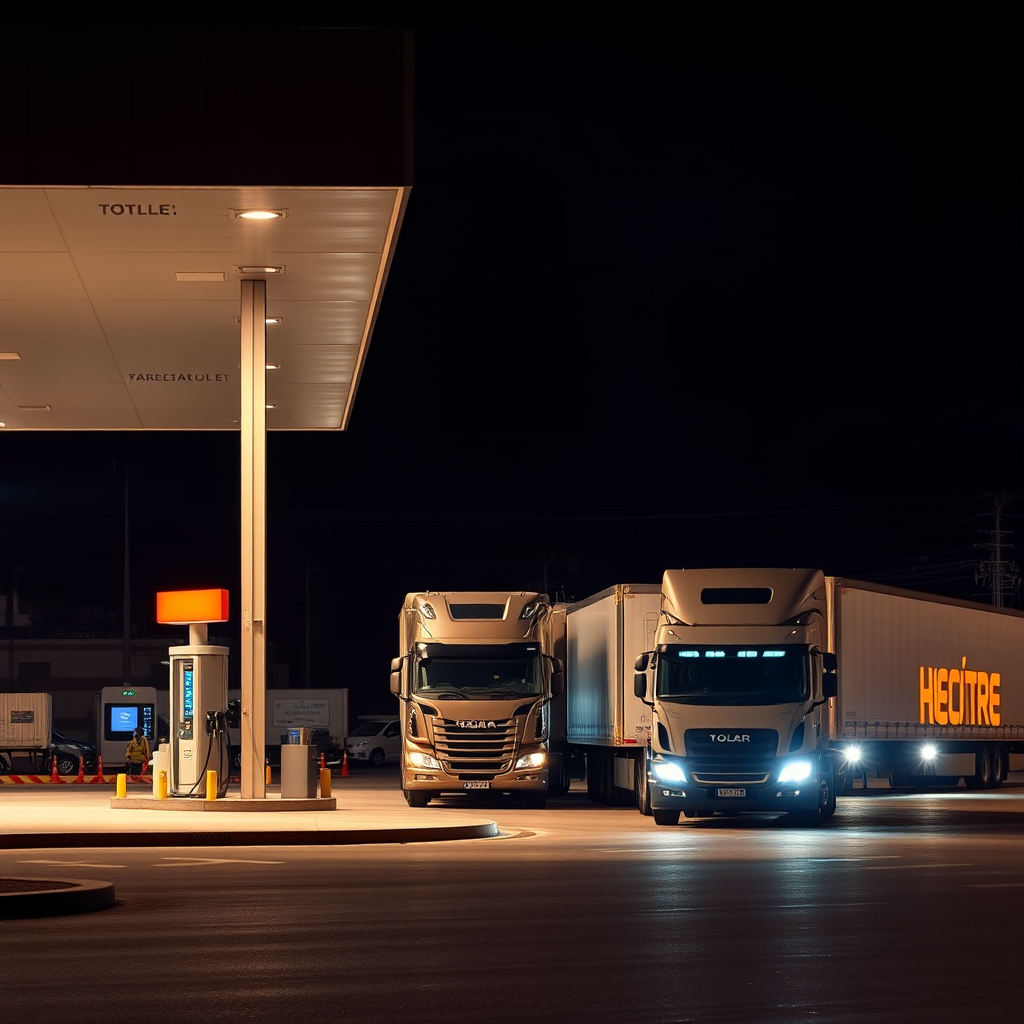 Estación de servicio moderna iluminada durante la noche en Córdoba con varios vehículos cargando combustible, incluyendo camiones de larga distancia