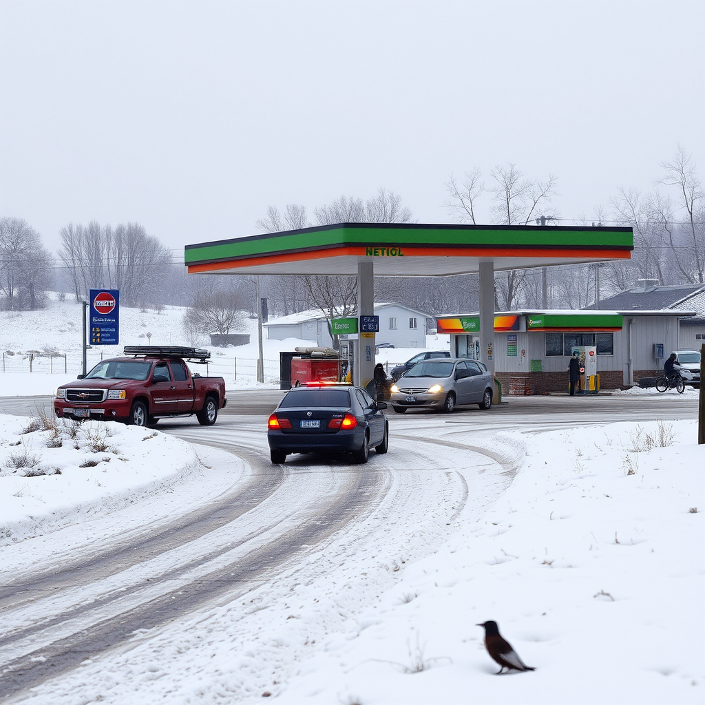 Estación de servicio rural argentina durante el invierno con nieve acumulada, caminos difíciles de acceso y vehículos esperando combustible en condiciones climáticas adversas