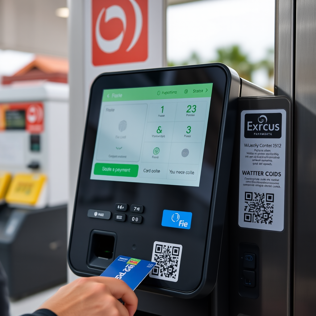 Terminal de pago moderno en una estación de servicio argentina mostrando opciones de pago digital, tarjetas contactless y códigos QR