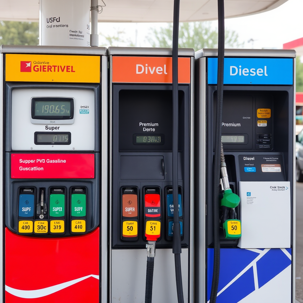 Surtidores de combustible en estación de servicio argentina mostrando diferentes tipos de nafta Super, Premium y diesel con precios visibles