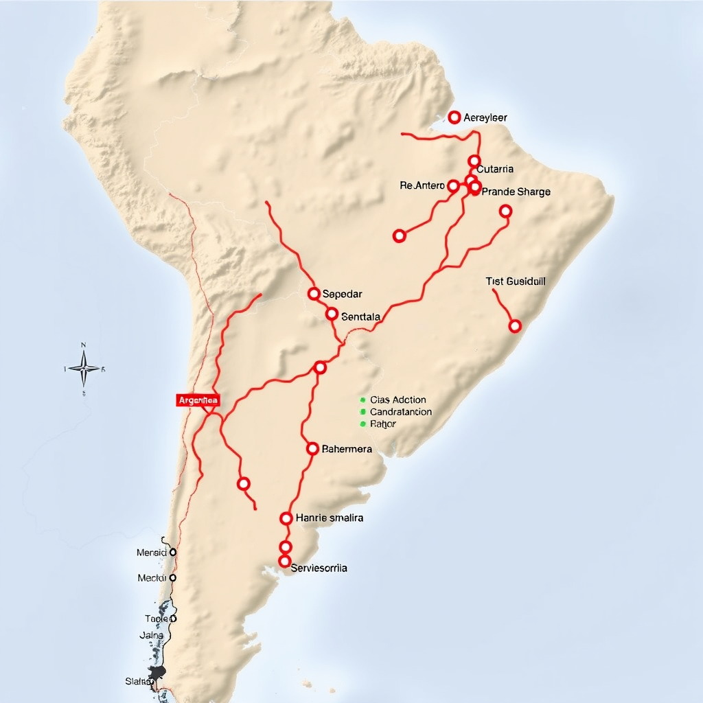 Mapa de Argentina mostrando las principales rutas nacionales con marcadores de estaciones de servicio y distancias entre ellas