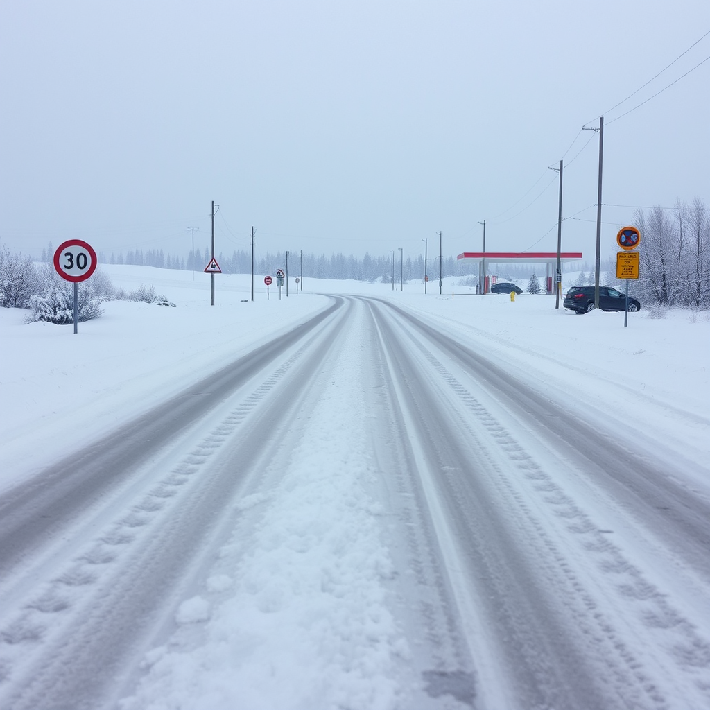 Camino rural argentino completamente bloqueado por nieve profunda con señales de tráfico apenas visibles y una estación de servicio al fondo inaccesible