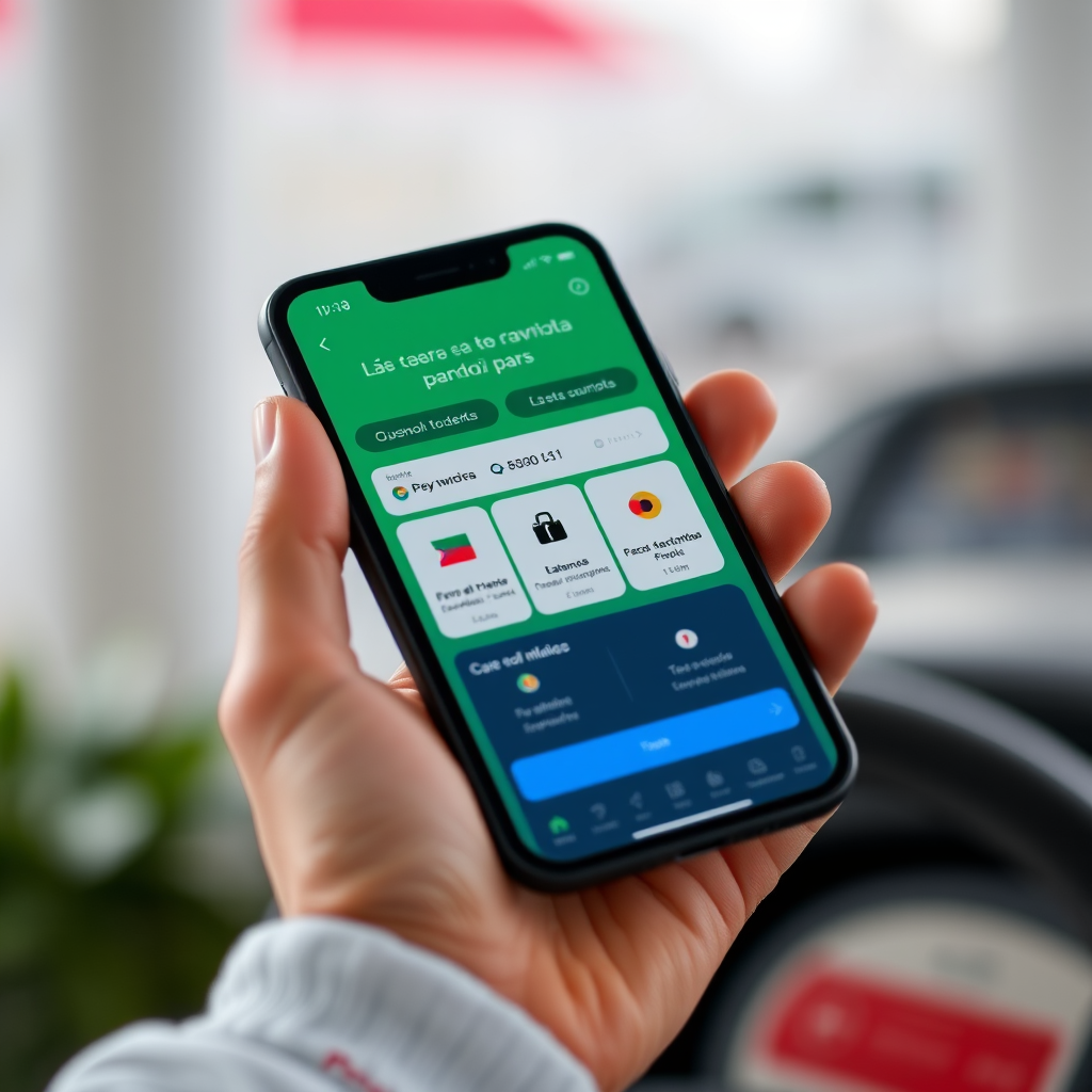 Smartphone mostrando una aplicación de pago móvil para estaciones de servicio con interfaz en español y opciones de pago digital