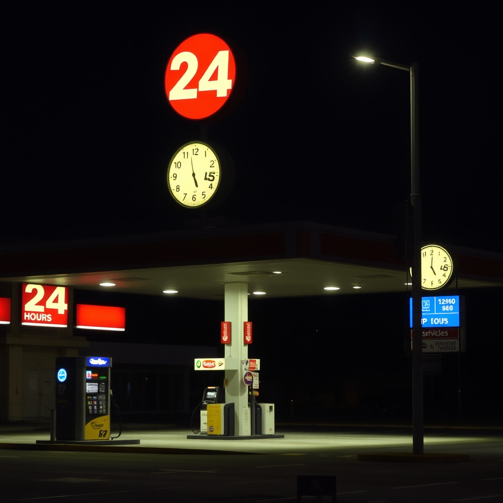 Estación de servicio iluminada durante la noche en Córdoba con carteles de 24 horas, mostrando servicios disponibles para viajeros nocturnos