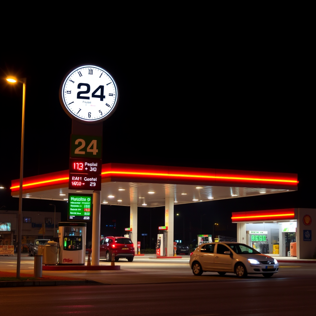 Estación de servicio iluminada durante la noche en Córdoba con carteles de 24 horas, vehículos cargando combustible y luces brillantes