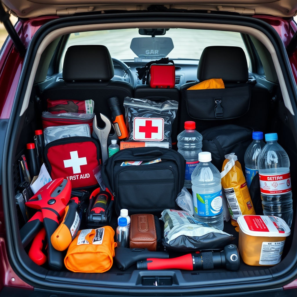 Kit de emergencia para automóvil organizado con herramientas, botiquín, agua, linterna y otros suministros esenciales para viajes largos