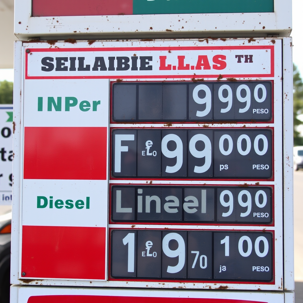 Cartel de precios de una estación de servicio argentina mostrando los valores actuales de Super, Premium y Diesel con pesos argentinos claramente visibles