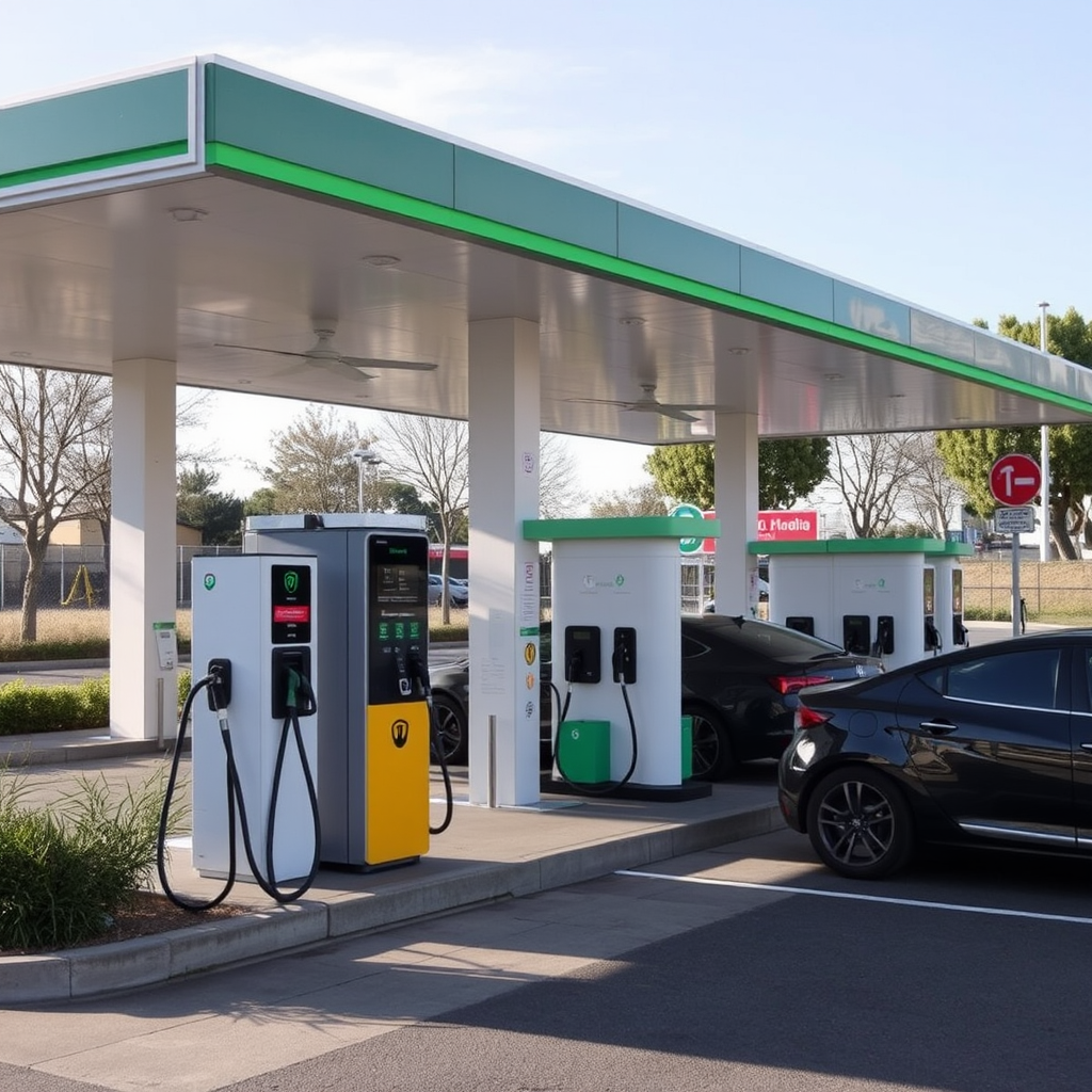 Estación de servicio moderna en Córdoba con puntos de carga para vehículos eléctricos junto a surtidores tradicionales de combustible