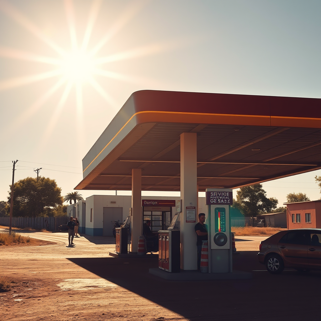 Estación de servicio rural argentina bajo el intenso sol de verano con termómetro marcando alta temperatura, sombras mínimas y conductores buscando refugio del calor