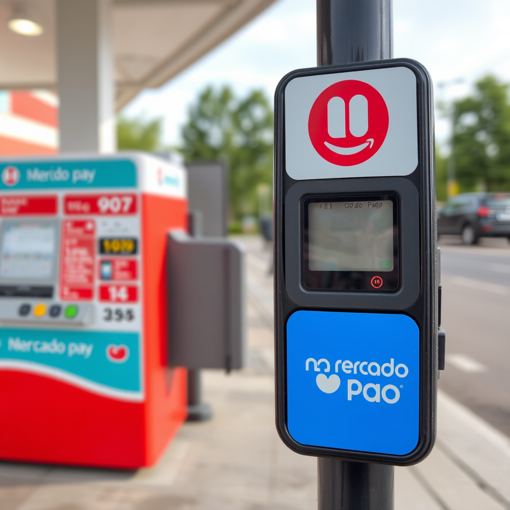 Código QR en una estación de servicio argentina para pago digital con billeteras electrónicas, mostrando el logo de Mercado Pago