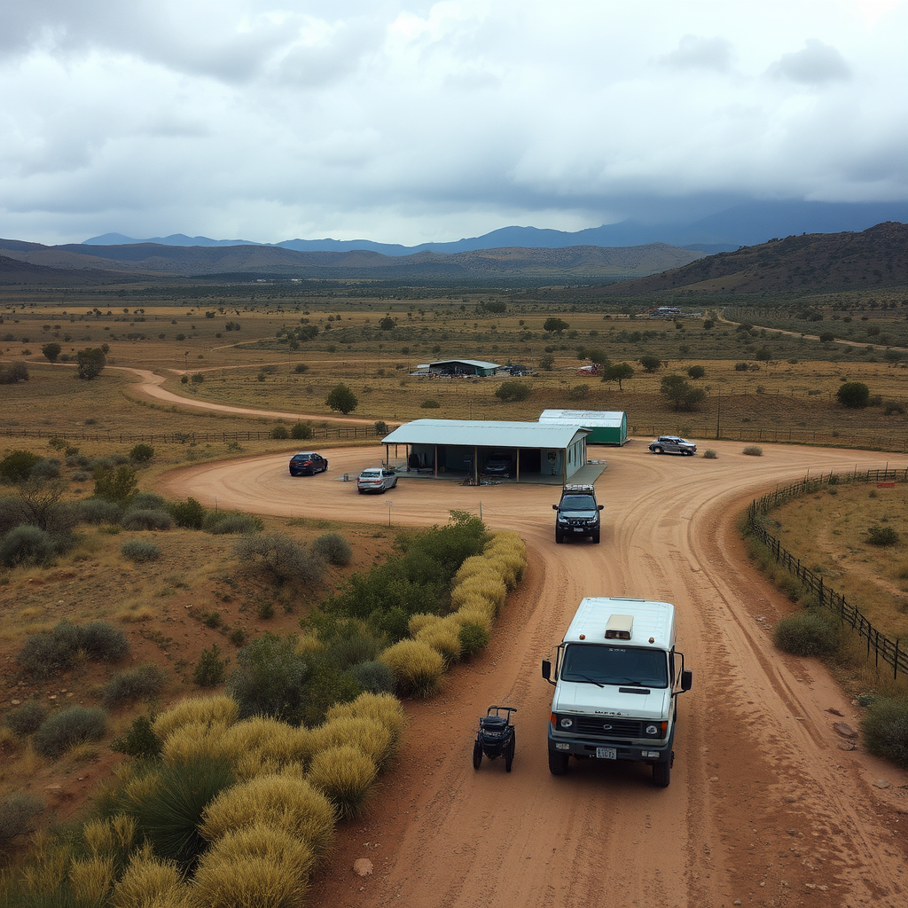 Paisaje rural argentino con estación de servicio aislada, caminos de tierra, condiciones climáticas variables y vehículos adaptados para terreno difícil