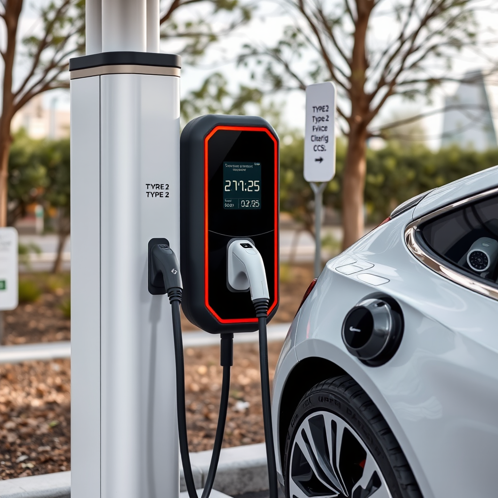 Moderna estación de carga para vehículos eléctricos en Argentina con conectores tipo 2 y CCS, mostrando pantalla digital con información de carga y vehículo eléctrico conectado