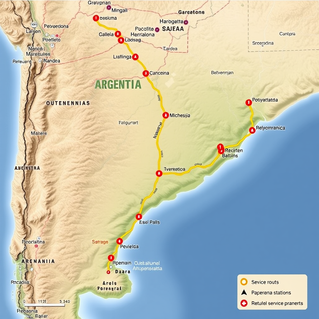 Mapa detallado de ruta rural argentina con múltiples estaciones de servicio marcadas, distancias calculadas y rutas alternativas señalizadas para planificación de viaje