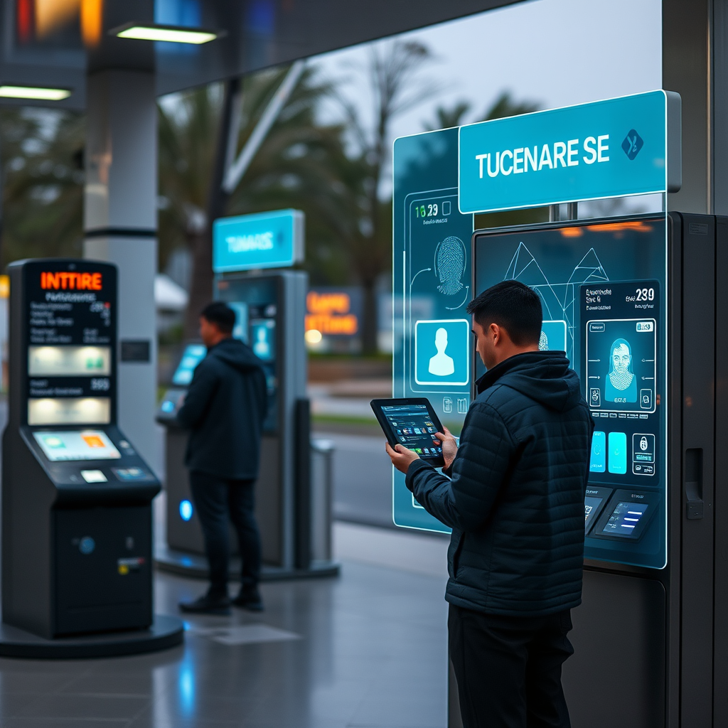 Concepto futurista de tecnología de pago en estaciones de servicio con interfaces holográficas y sistemas biométricos en Argentina