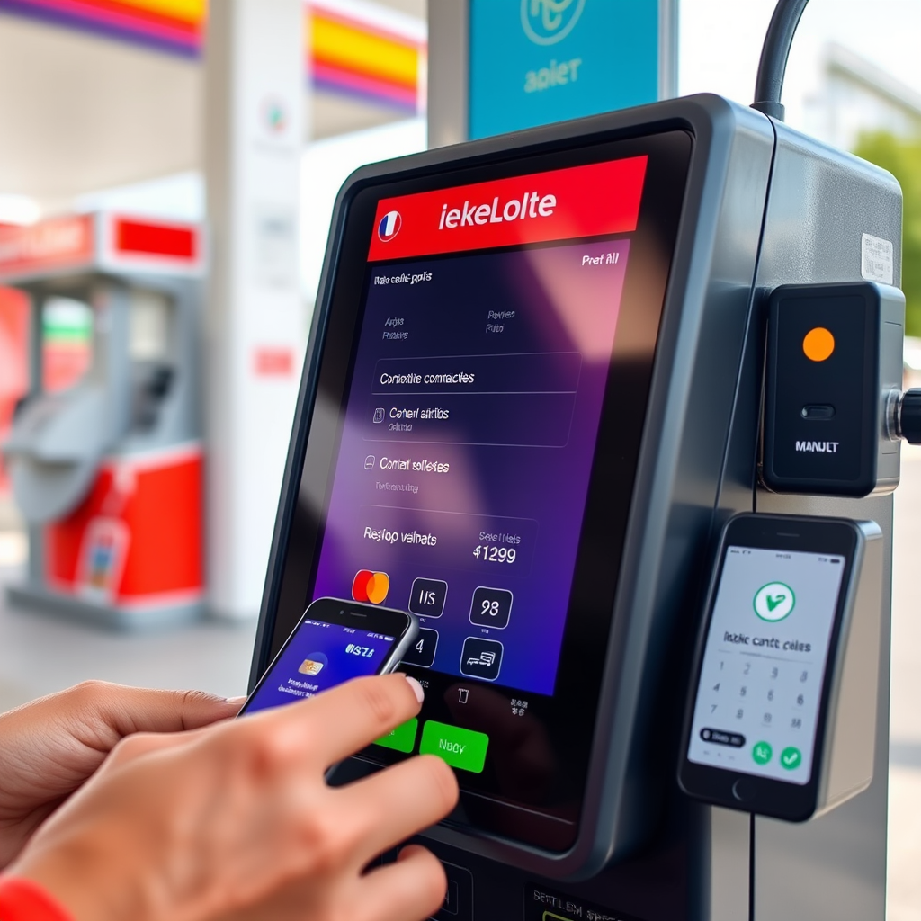 Terminal de pago digital en estación de servicio argentina mostrando opciones de tarjetas contactless, aplicaciones móviles y billeteras digitales