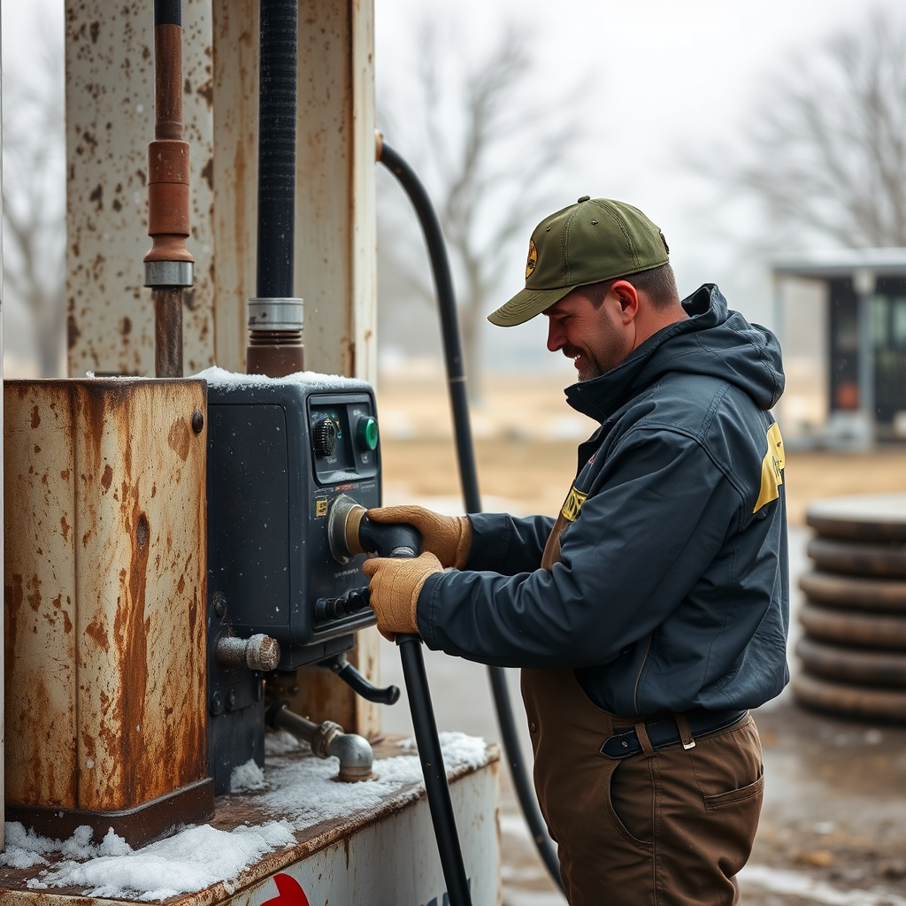 Operador de estación de servicio rural realizando mantenimiento preventivo en equipos de bombeo durante condiciones climáticas adversas en Argentina